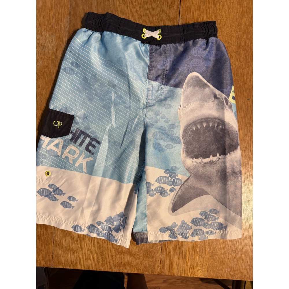 Vintage OP Ocean Pacific Swim Trunks Youth Large Shark Graphic 80s 90s‎ Surf
